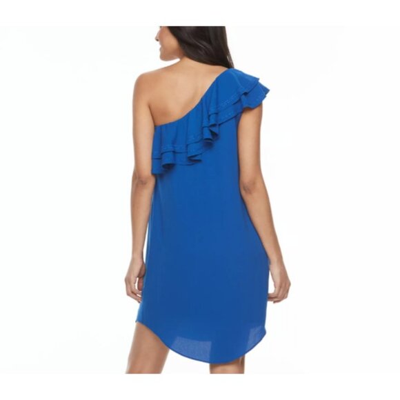 APT. 9 Women's One Shoulder Embroidered Ruffle Dress Blue Lined Royal Sz M NWT - Picture 2 of 14